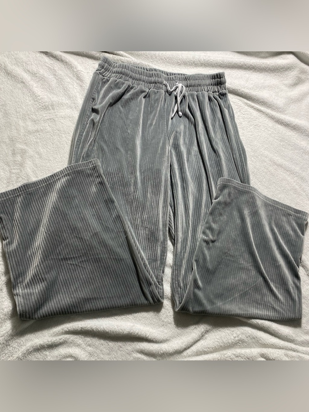 Grey Ribbed Velvet Lounge Pants - Women's Relaxed Fit